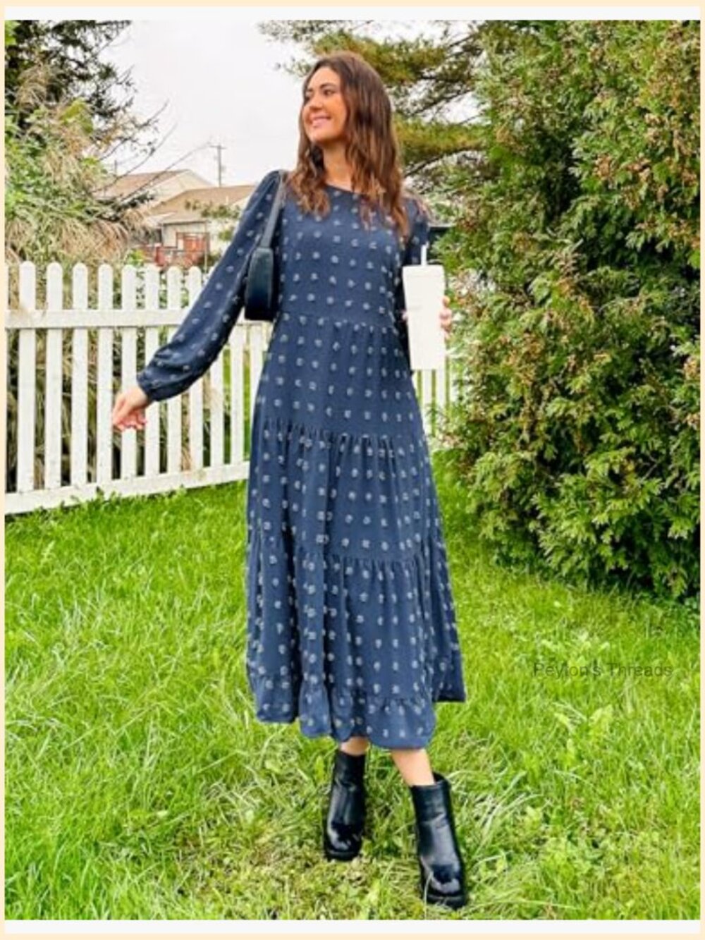Long Sleeve Swiss Dot Tiered Flowy A-Line Maxi Dress - Picture 5 of 7